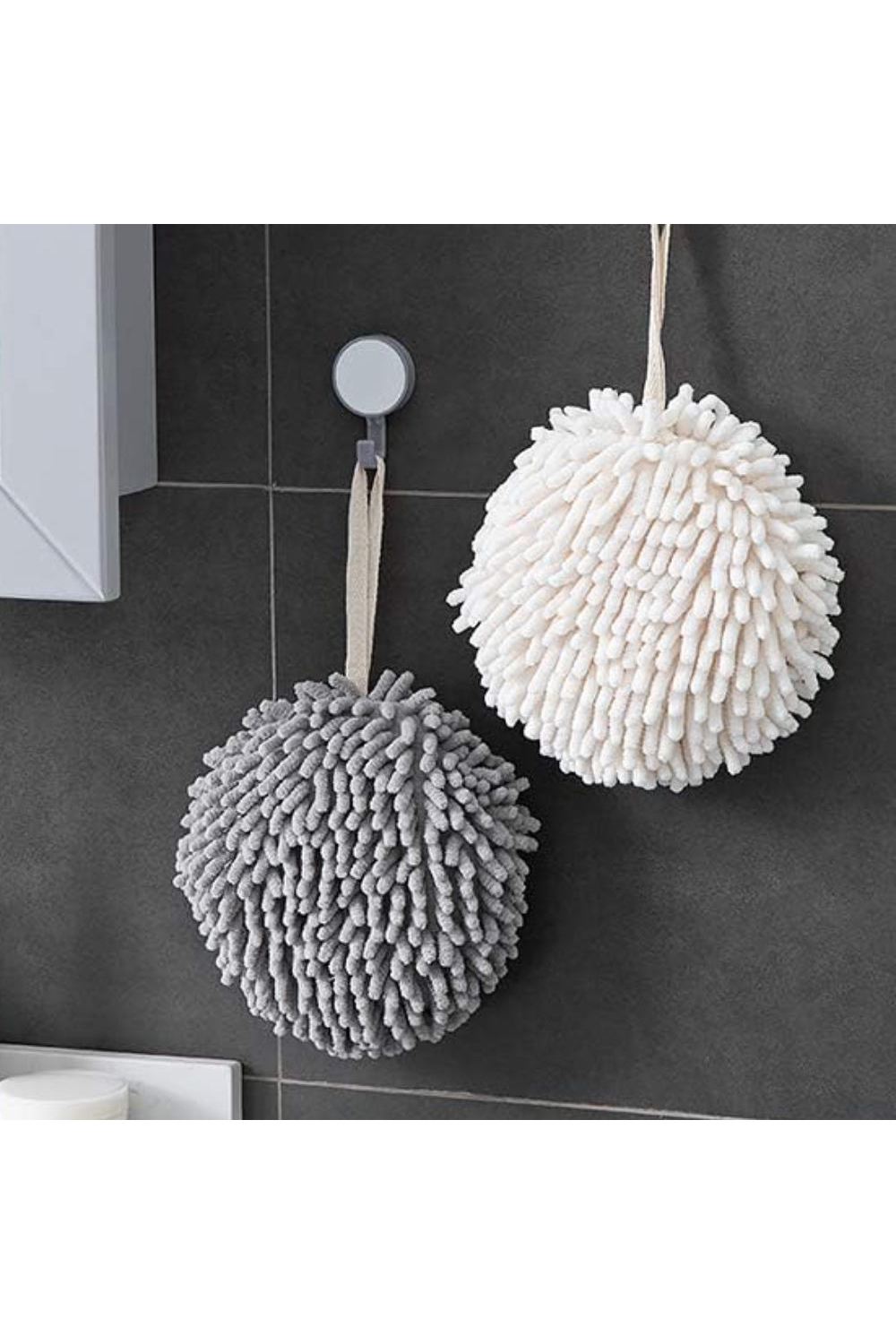 Hanging Chenille Hand Towels - White and Grey, Pair